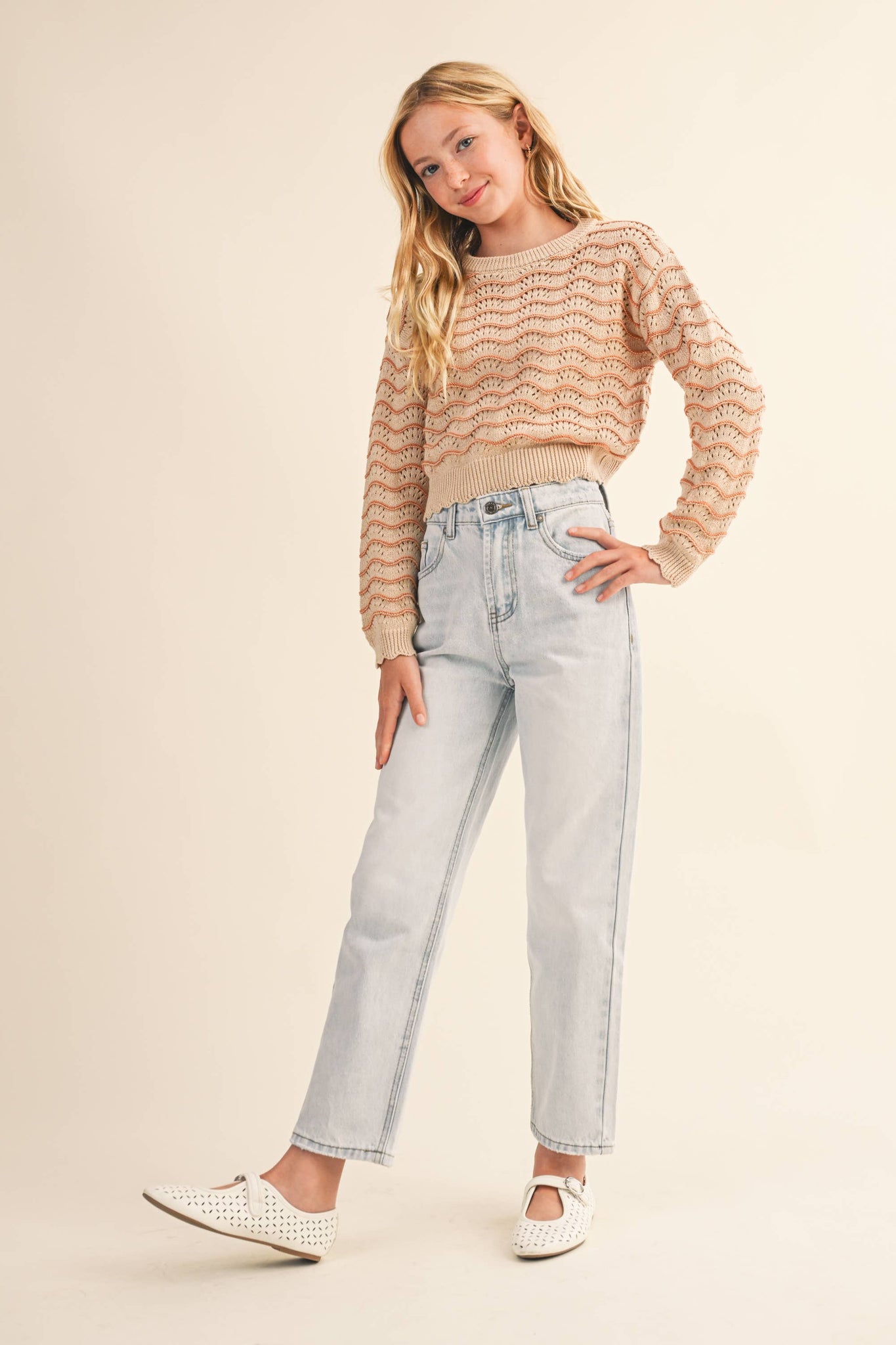 TWEEN GIRLS KIDS CREW NECK WAVY POINTELLE L/S SWEATER