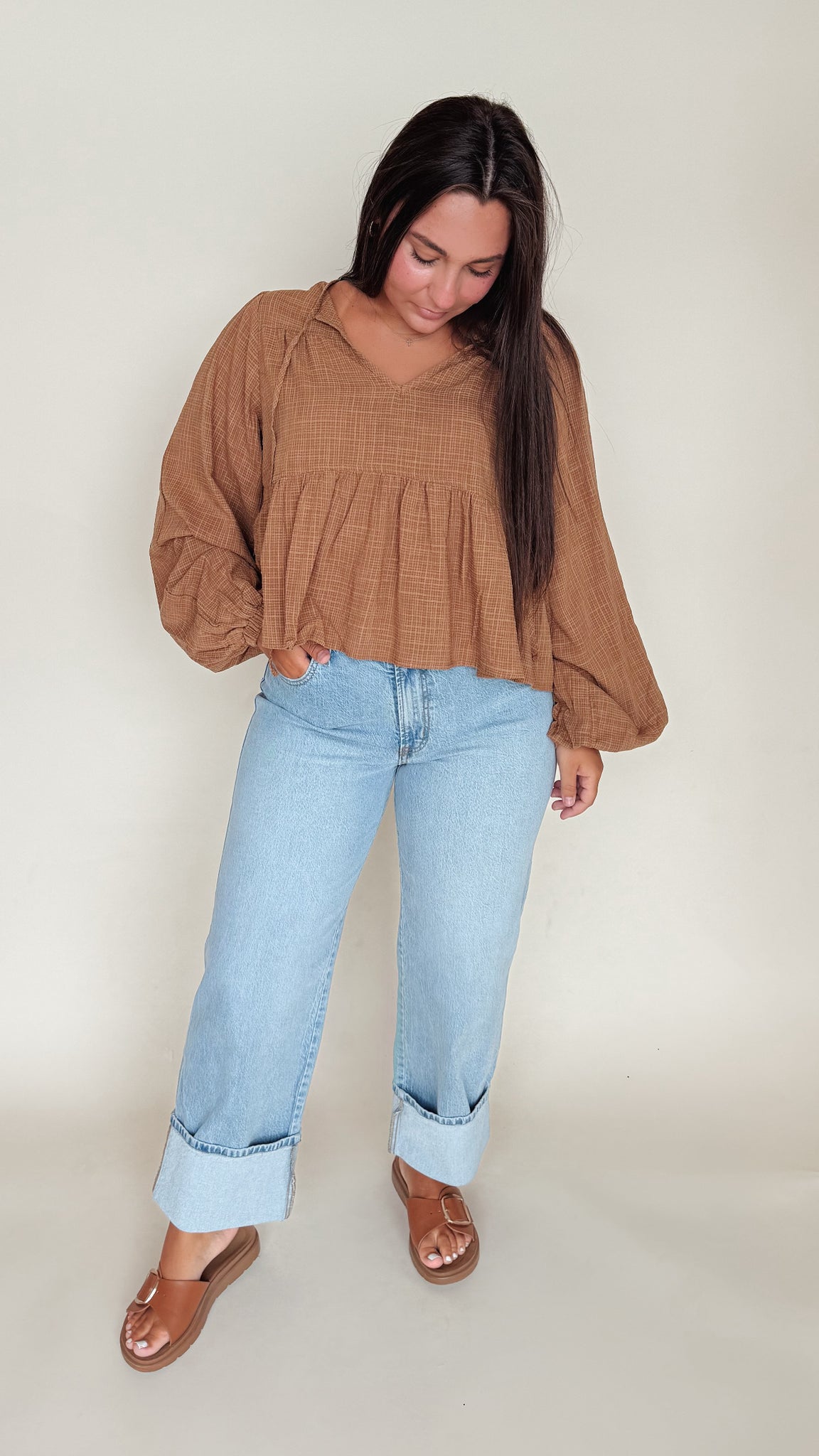 Textured Peasant Blouse With Tie Detailing