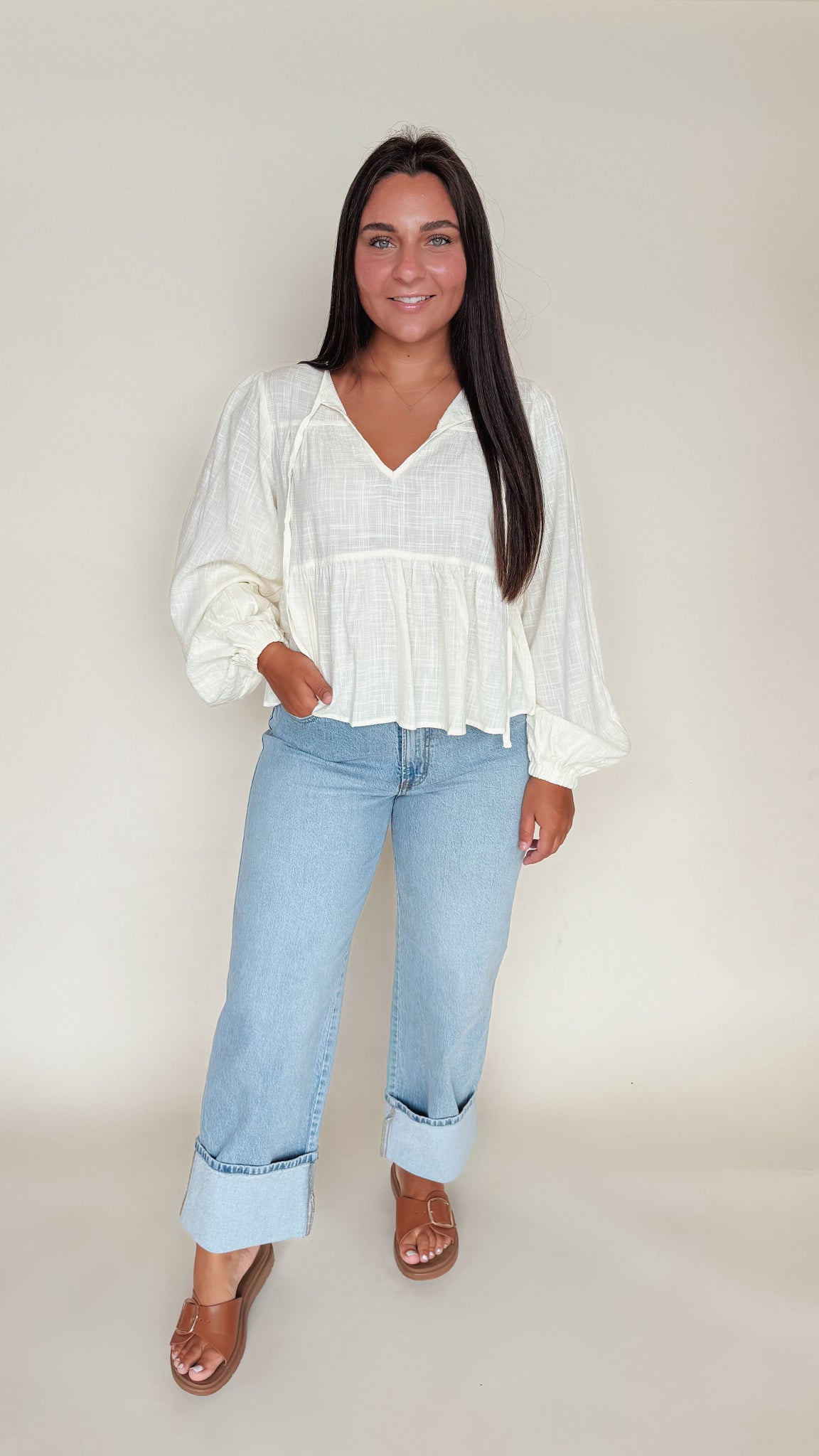 Textured Peasant Blouse With Tie Detailing