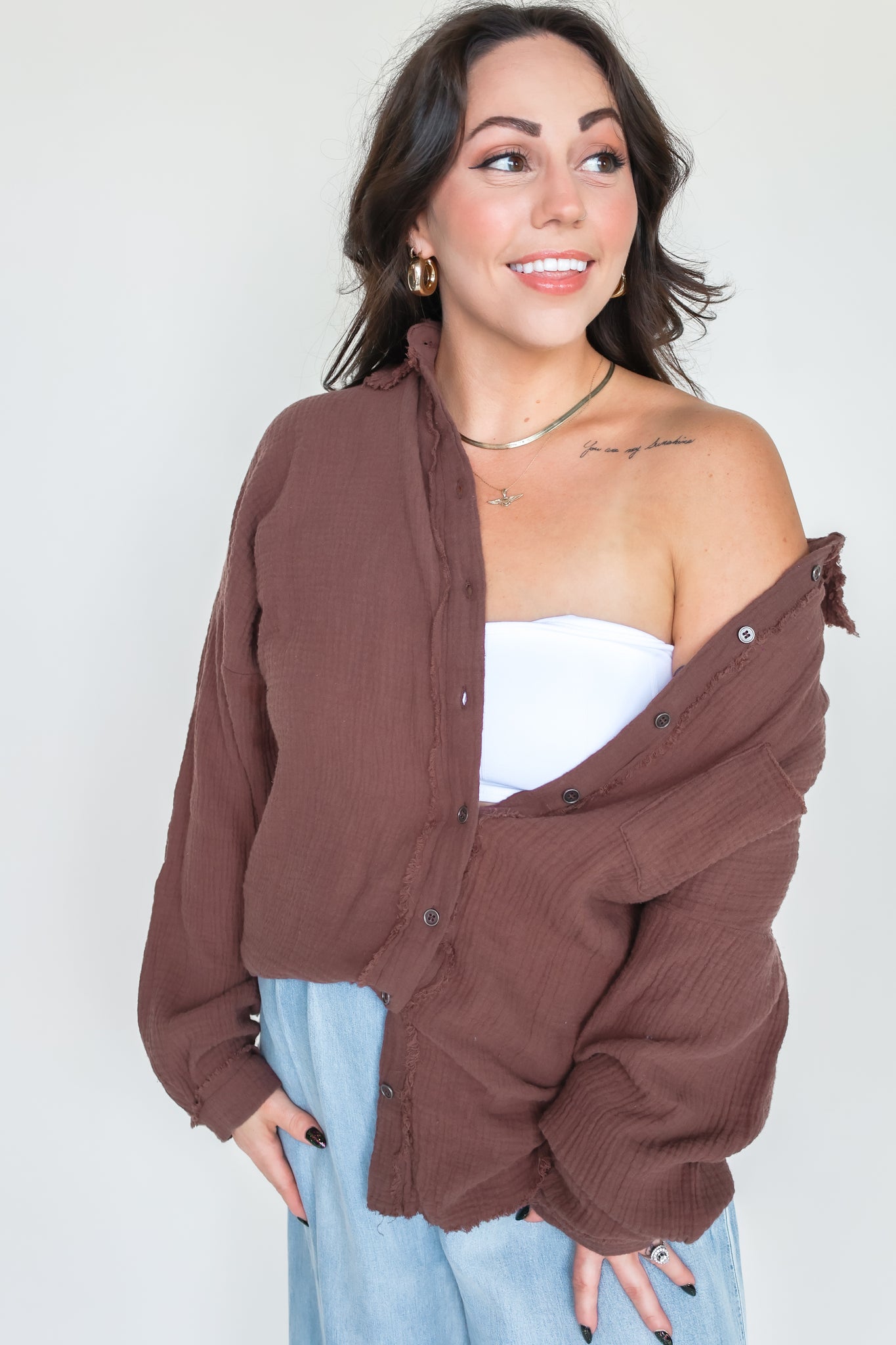 Double Gauze Button-Down Roll-Up Long Sleeve Shirt