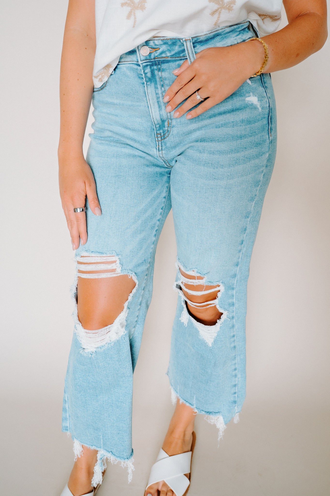 Medium Wash Destress Cropped Denim