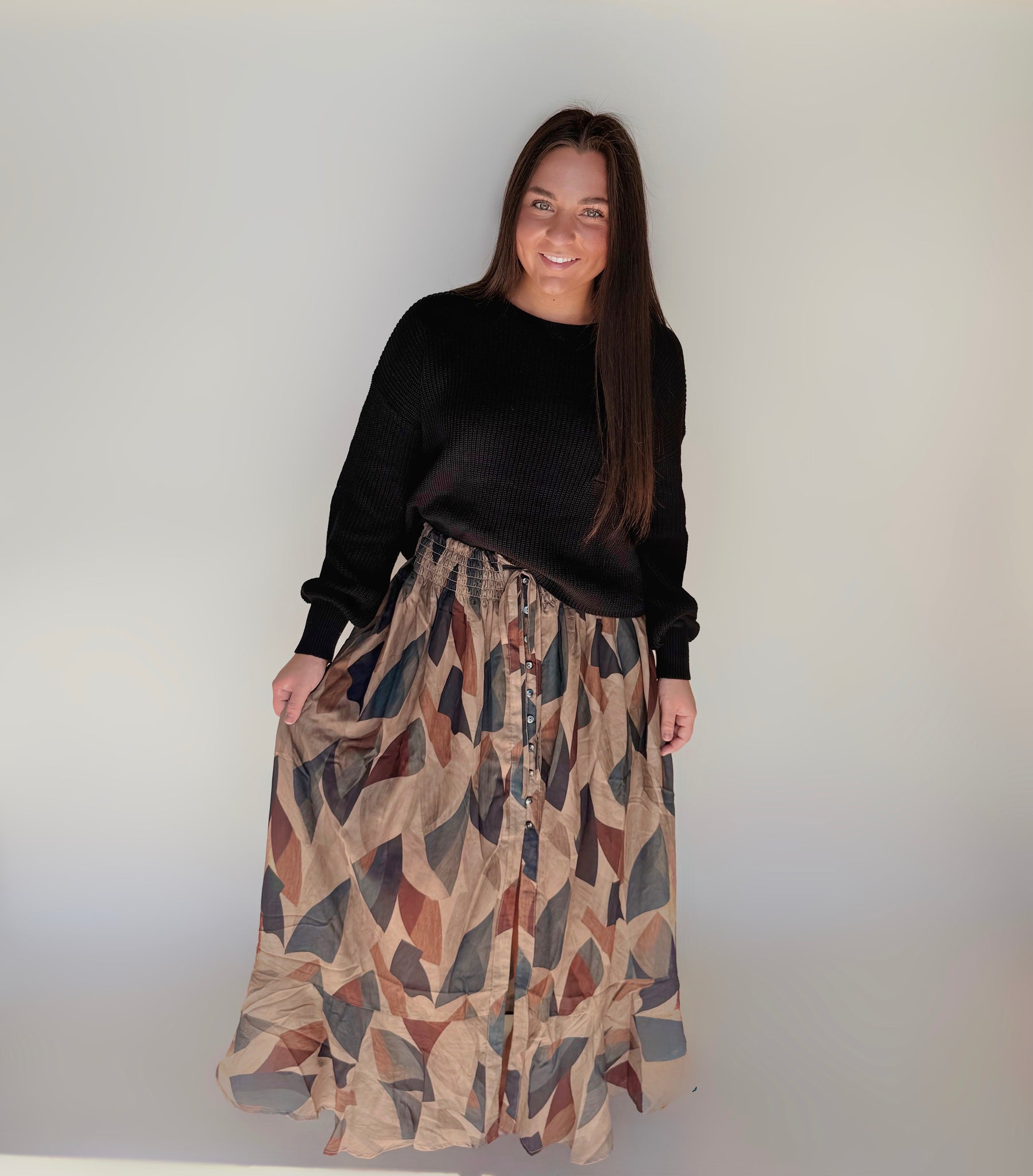 Abstract-print Button-front Drawstring Maxi Skirt