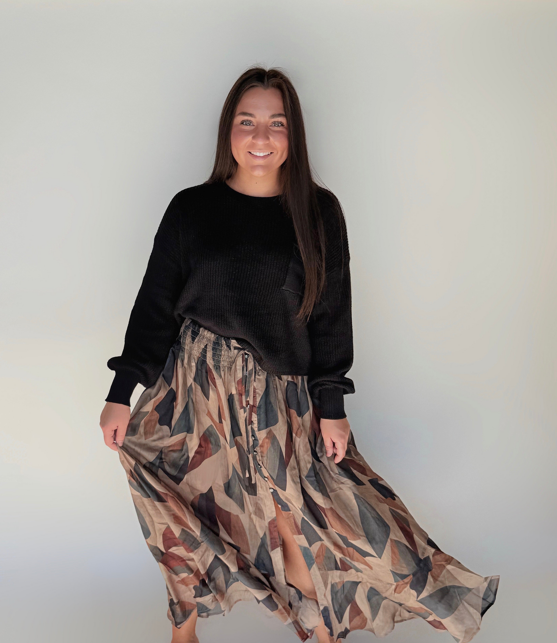 Abstract-print Button-front Drawstring Maxi Skirt