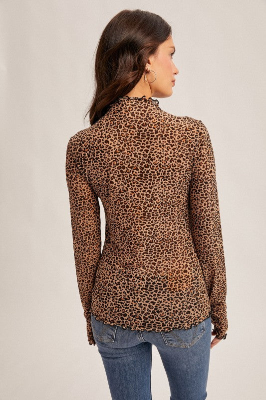 Leopard Mesh Mock Neck Top