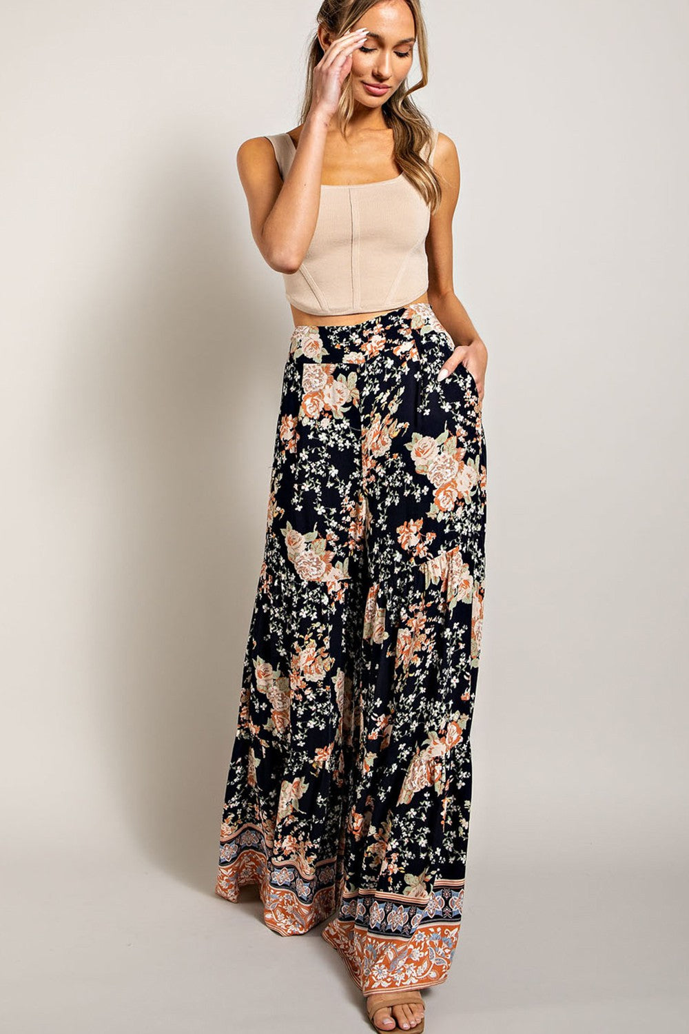 Navy Floral Wide Leg Pants