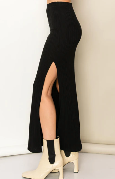 Fashionista Ribbed Knit Side Slit Maxi Skirt