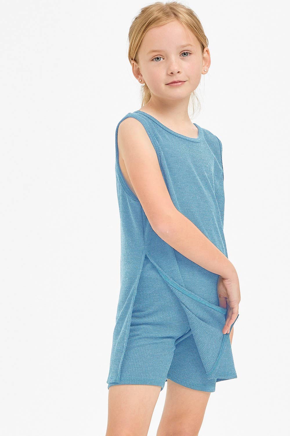 Waffle Knit Sleeveless Top and Biker Shorts Set: Hunter Green