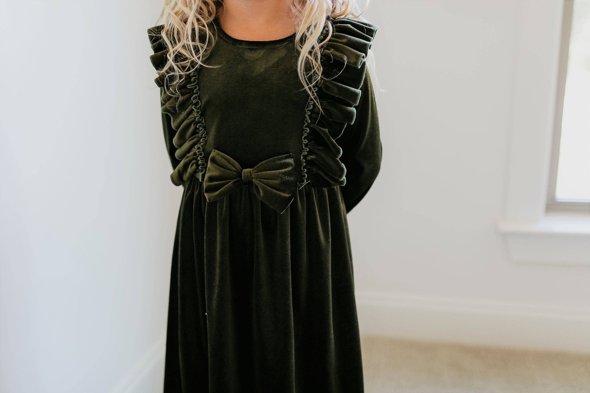 Kids Christmas Holiday Moss Velvet Bow Ruffle Dress