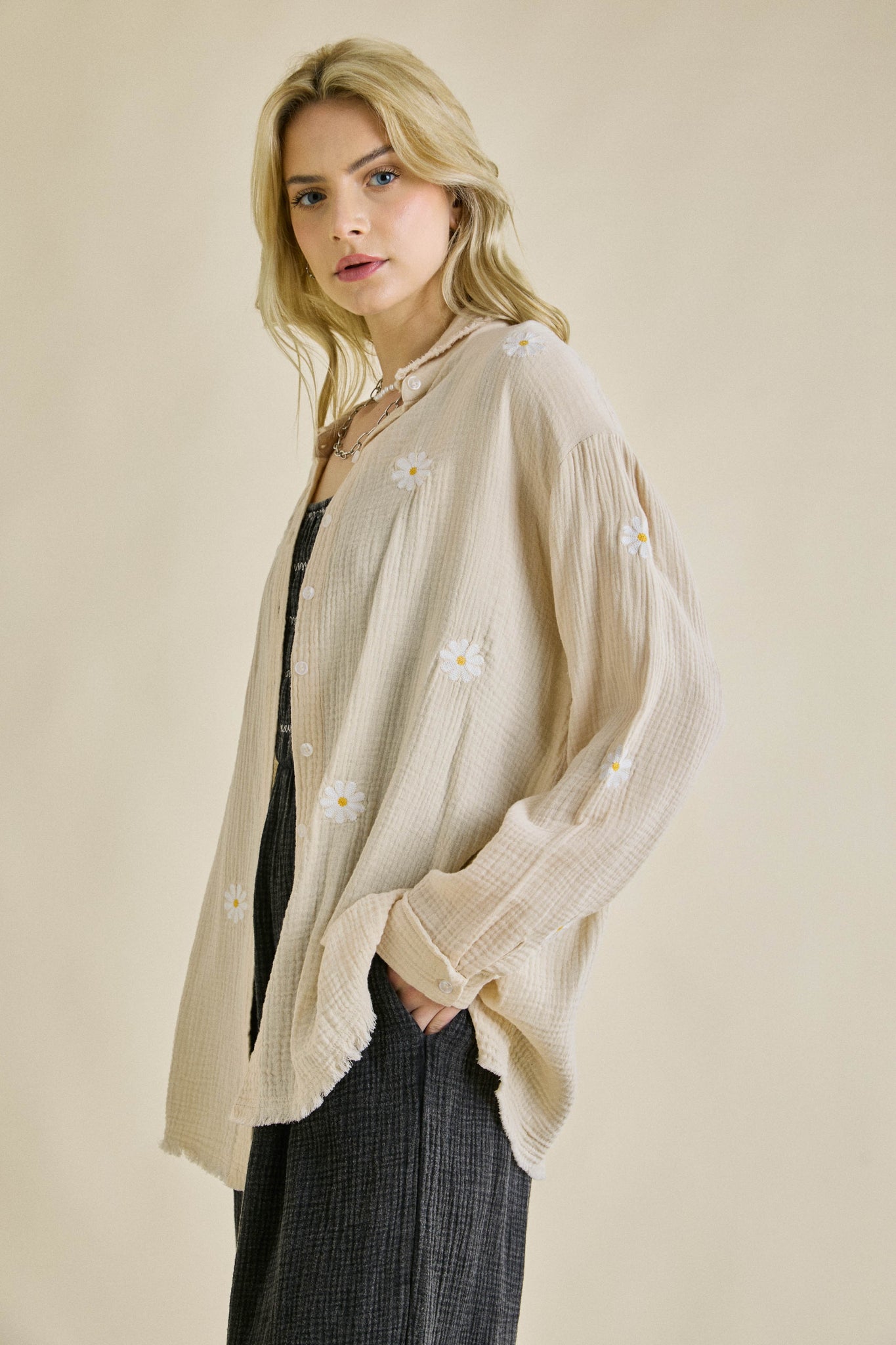 Gauze Fabric Daisy Embroidered Top