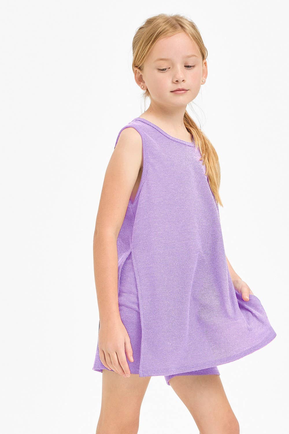 Waffle Knit Sleeveless Top and Biker Shorts Set: Hunter Green