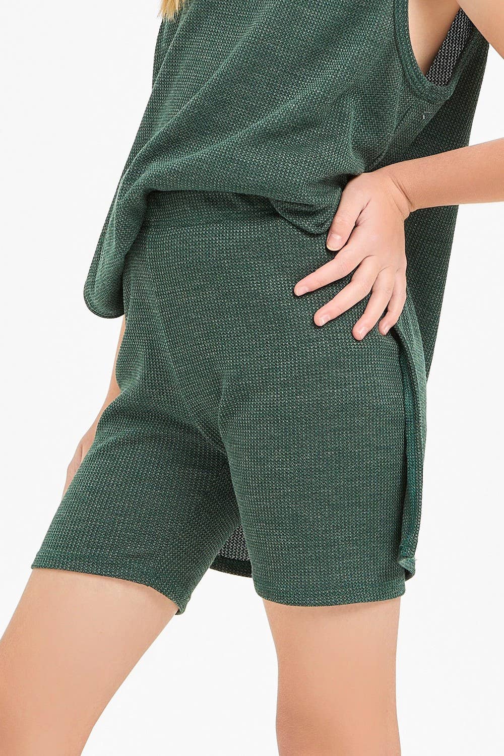 Waffle Knit Sleeveless Top and Biker Shorts Set: Hunter Green