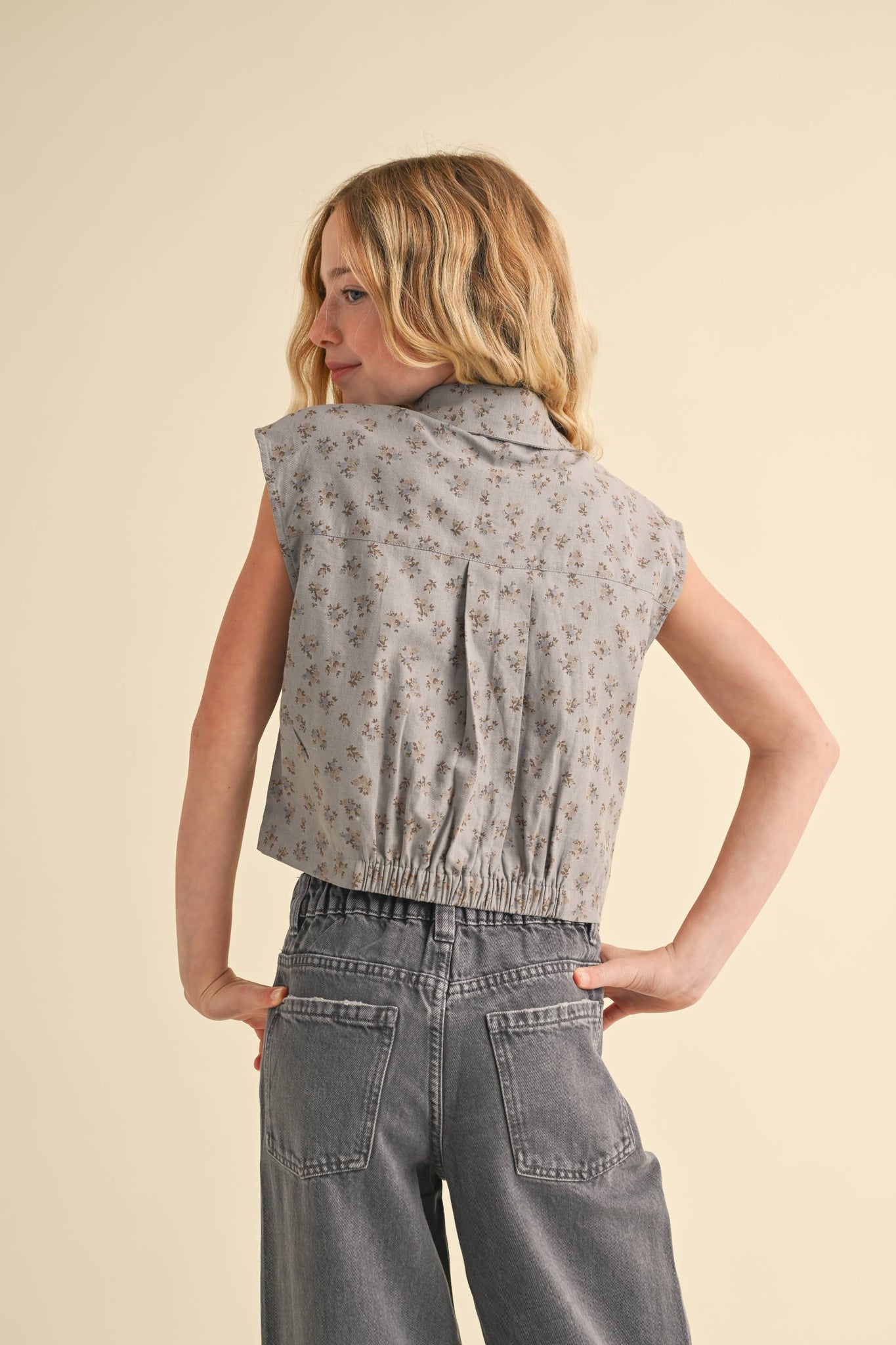 TWEEN GIRLS KIDS S/L BUTTON UP CROPPED SHIRT