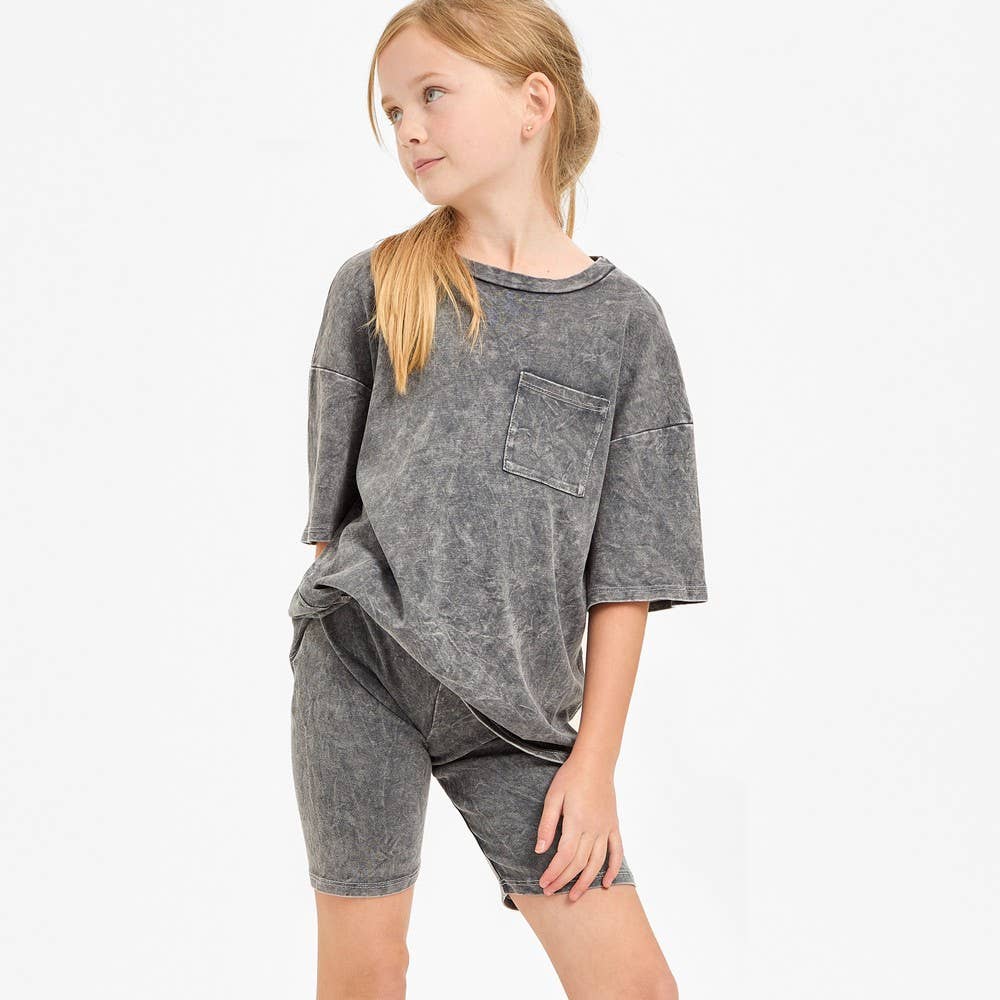 Mineral Washed Top and Biker Shorts 2piece Matching Set: Charcoal