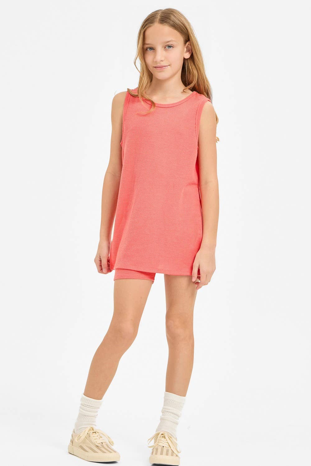 Waffle Knit Sleeveless Top and Biker Shorts Set: Hunter Green