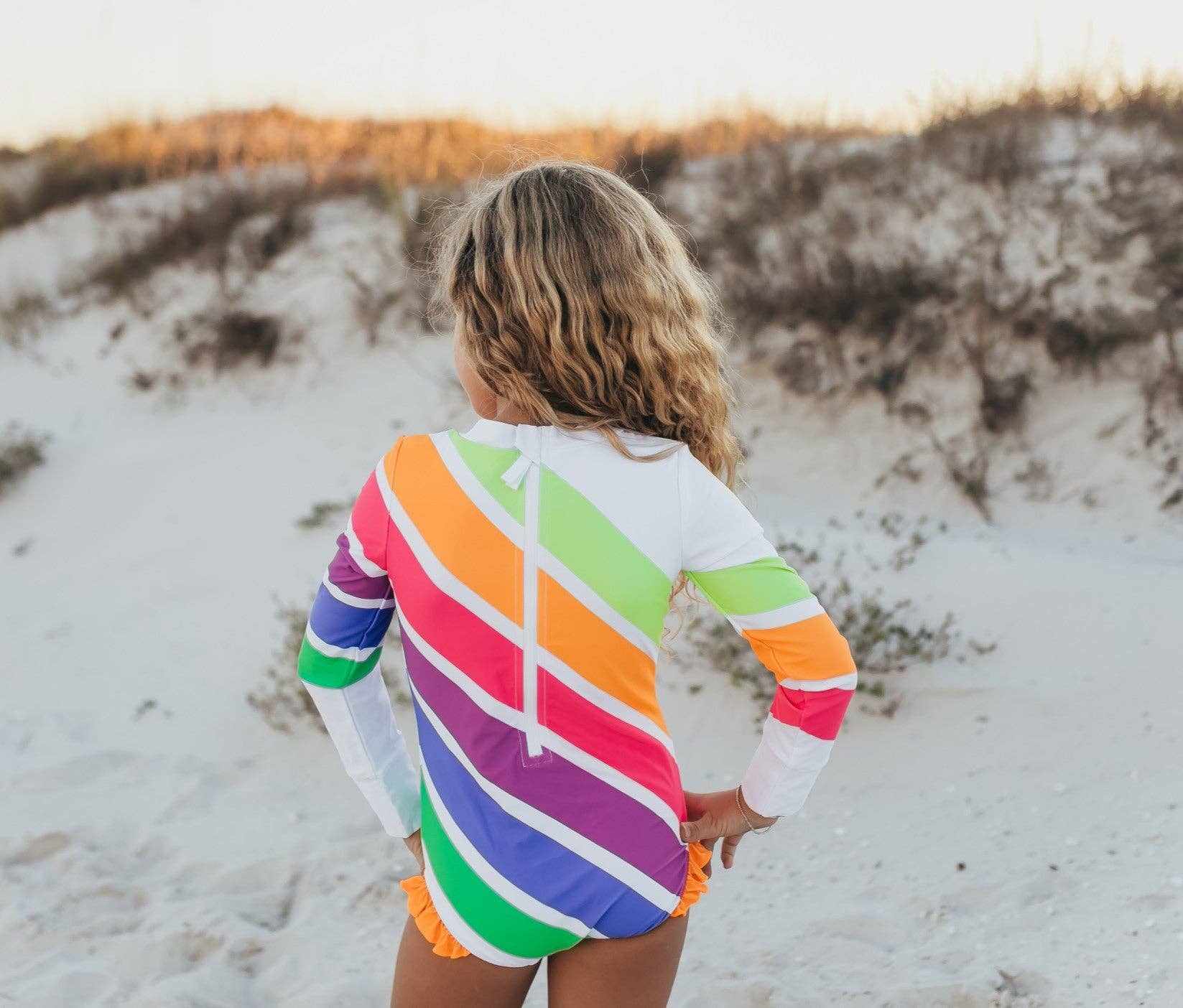 Kids Bright Neon Stripe Zip Rash Guard One Piece Swimsuit