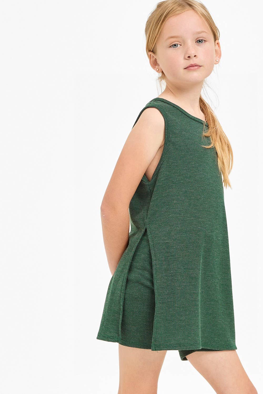 Waffle Knit Sleeveless Top and Biker Shorts Set: Hunter Green