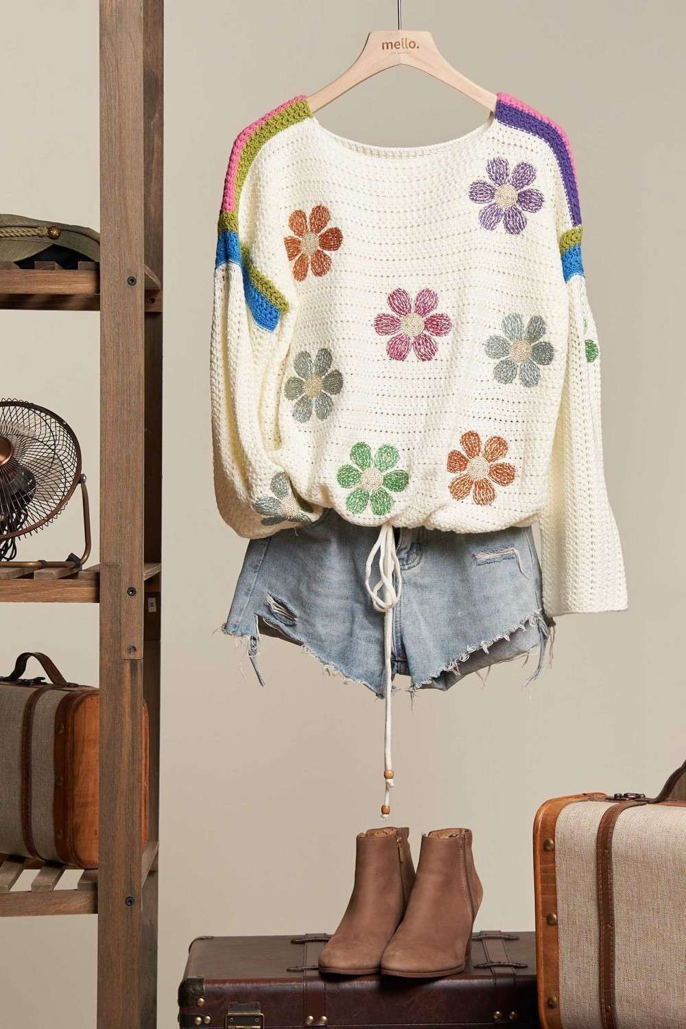 Multi Color Shoulder Lined Oversize Sweater with Daisy Embroidery