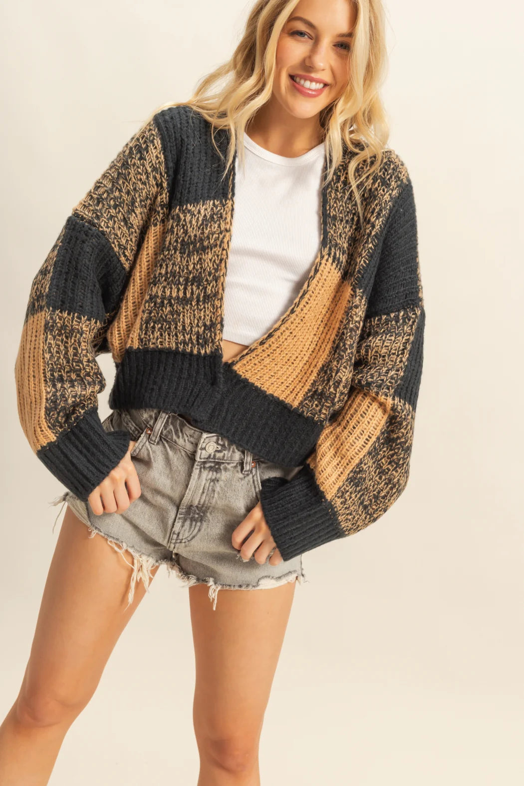 Two-Tone Checkered Sweater Cardigan