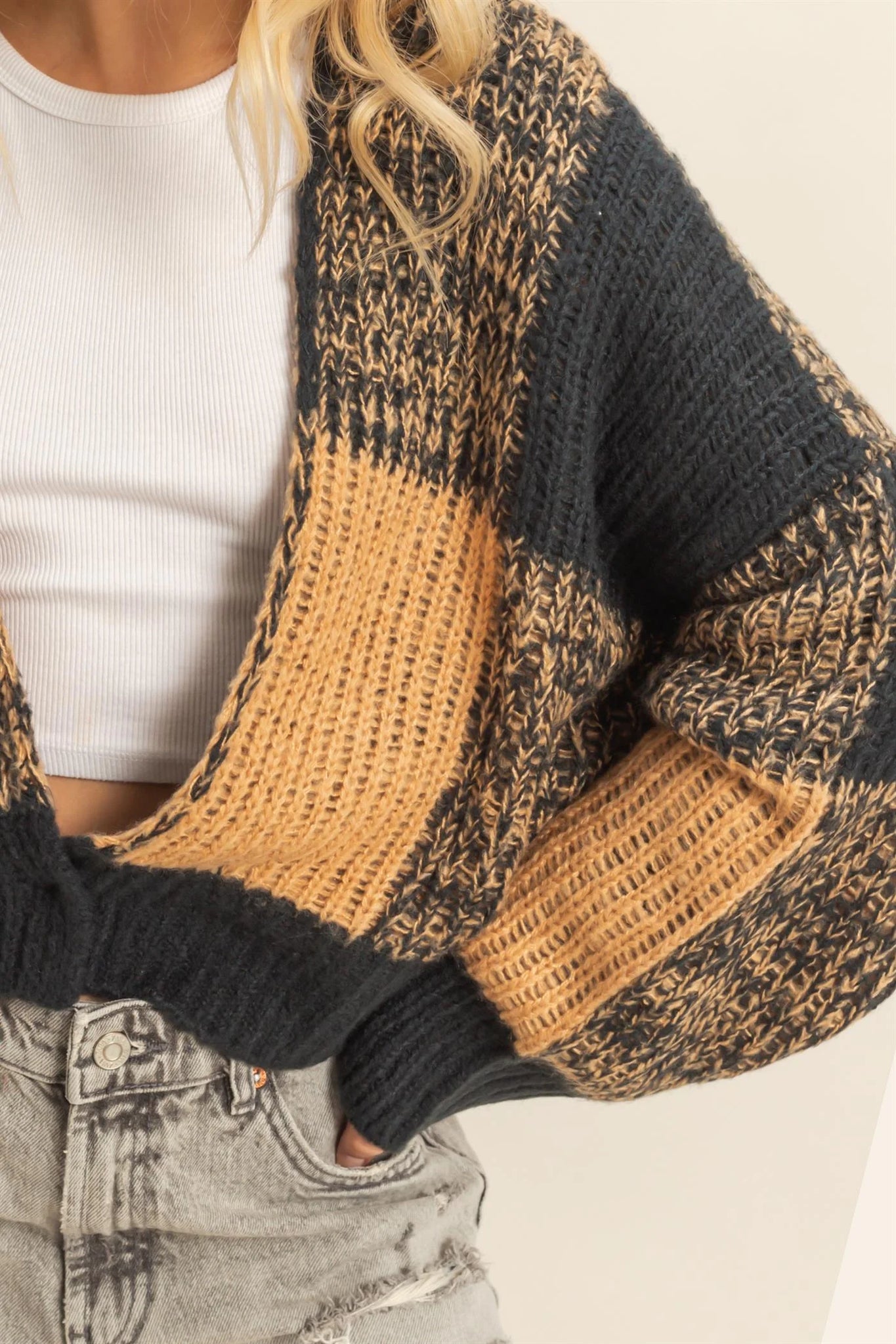 Two-Tone Checkered Sweater Cardigan