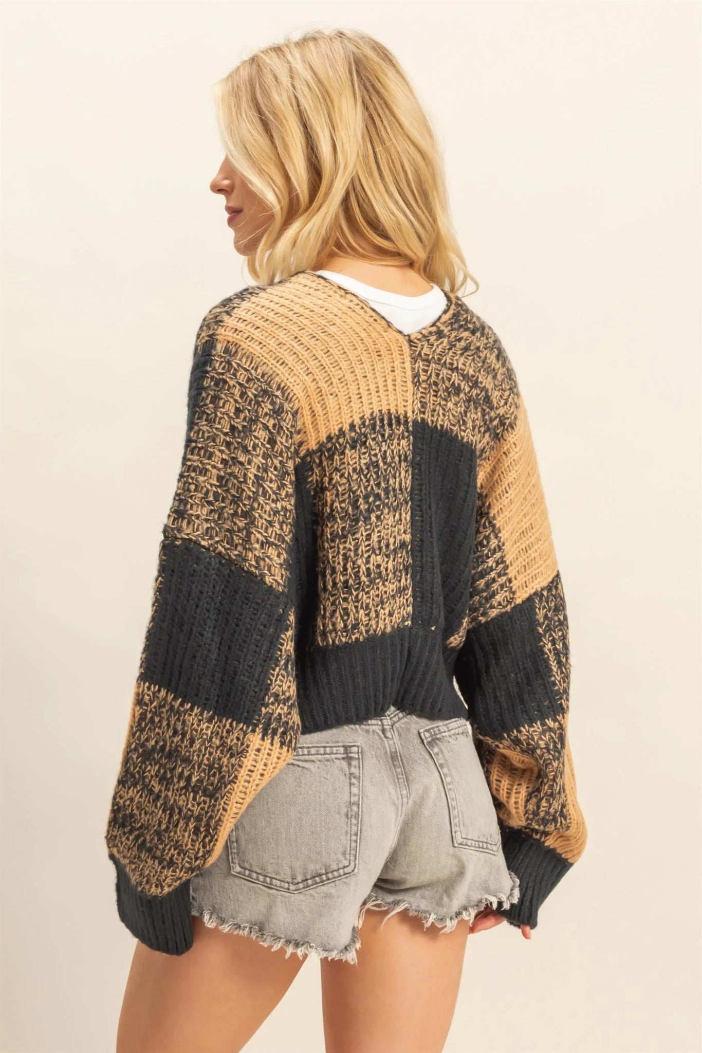 Two-Tone Checkered Sweater Cardigan