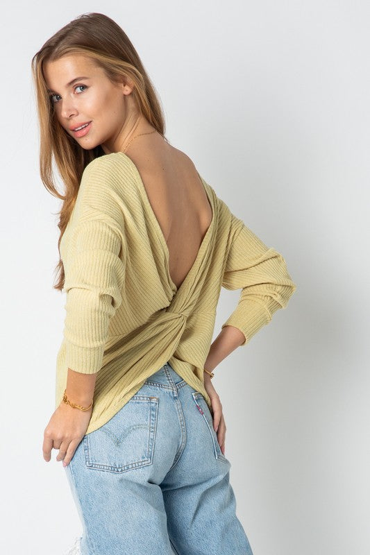 Solid Ribbed Twist Back Sweater