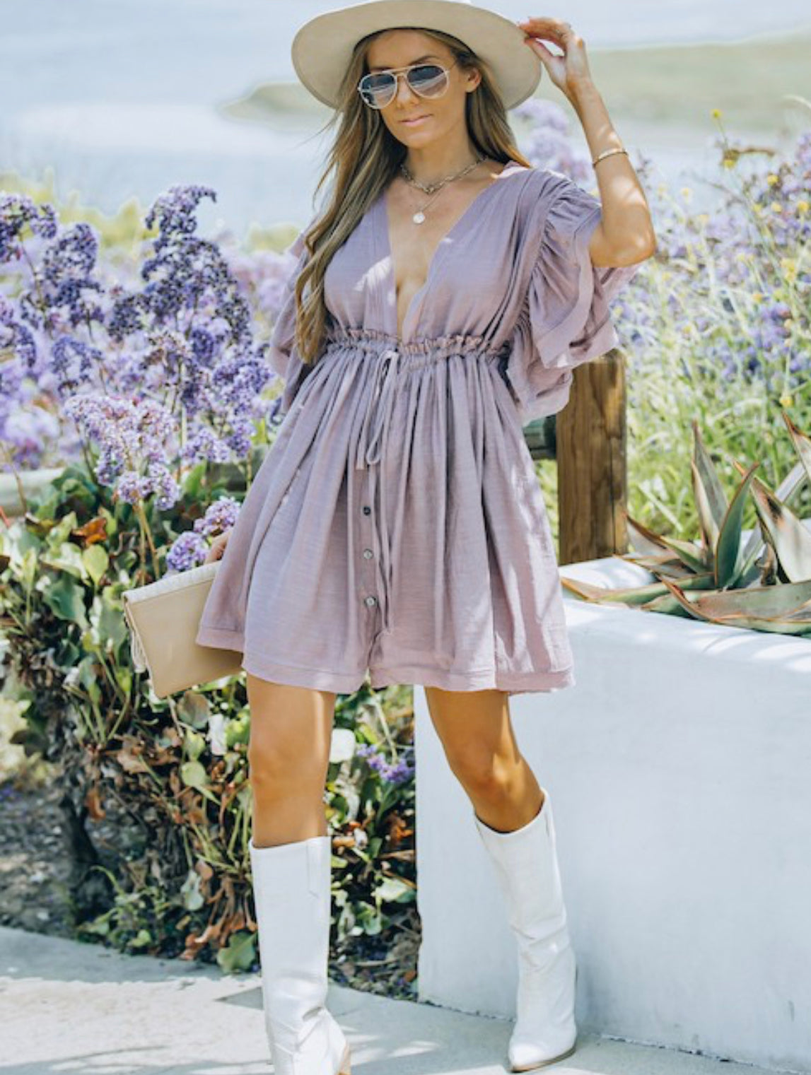 Pocketed Button Down Ruffle Dress